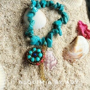 🌵💙 Turquoise & Gold Gemstones Charm Bracelet — Protection + Peace CORAL